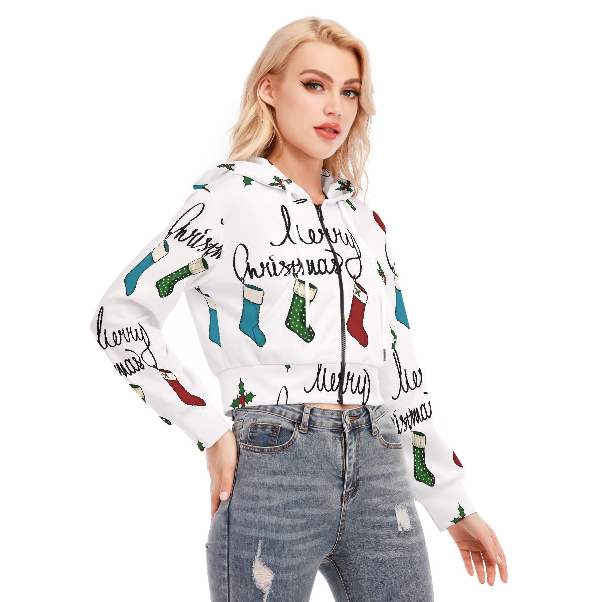 All-Over Print Women's Crop Top Hoodie With Zipper Closure