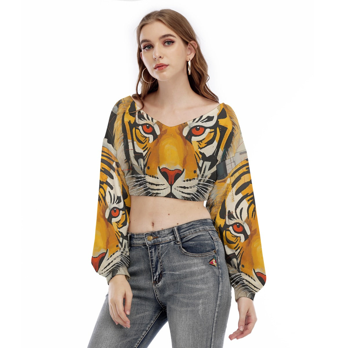All-Over Print Women's V-neck Long Sleeve Cropped Sweatshirt