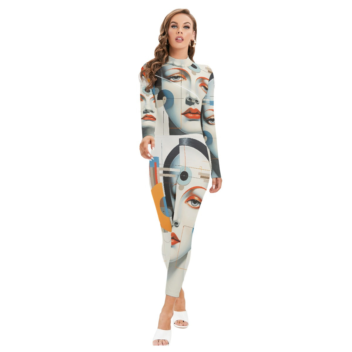 All-Over Print Women's Long-sleeved High-neck Jumpsuit With Zipper