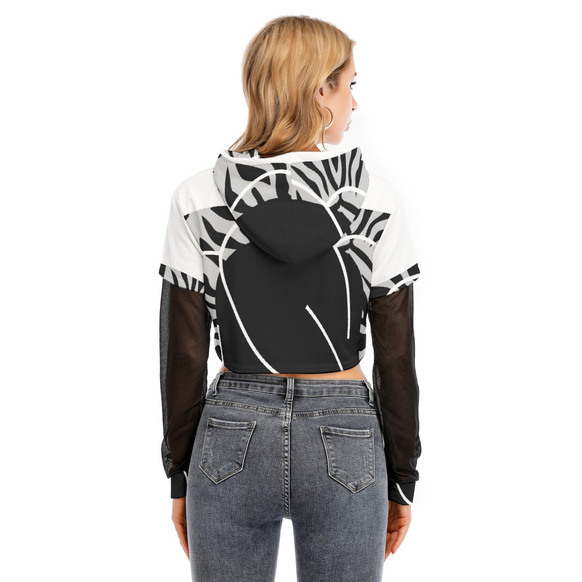 All-Over Print Women's Fake Two-piece Mesh Sleeve Cropped Hoodie