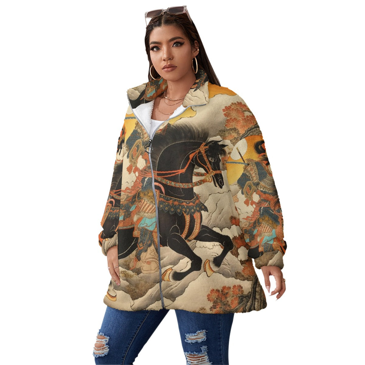 All-Over Print Unisex Borg Fleece Stand-up Collar Coat With Zipper Closure(Plus Size)