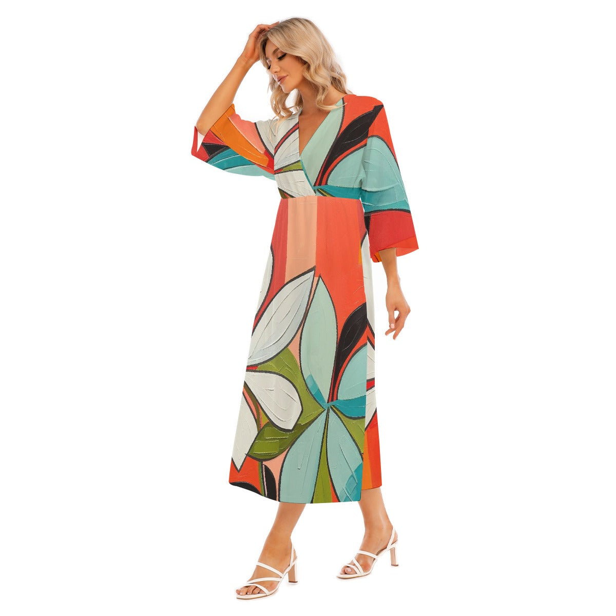 All-Over Print Women's Mid-Sleeve Long Dress