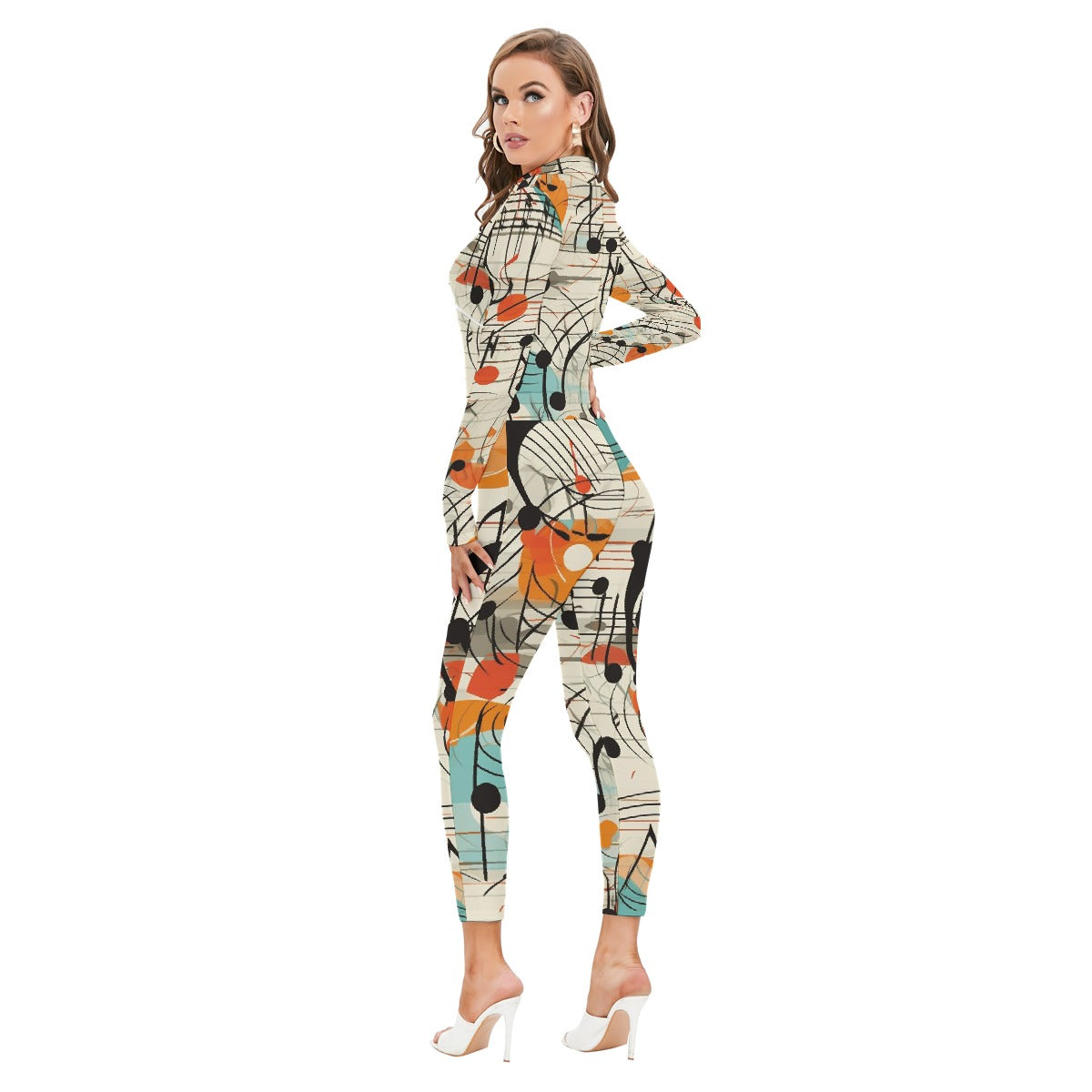 All-Over Print Women's Long-sleeved High-neck Jumpsuit With Zipper