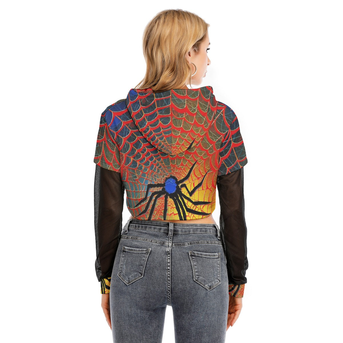 All-Over Print Women's Fake Two-piece Mesh Sleeve Cropped Hoodie
