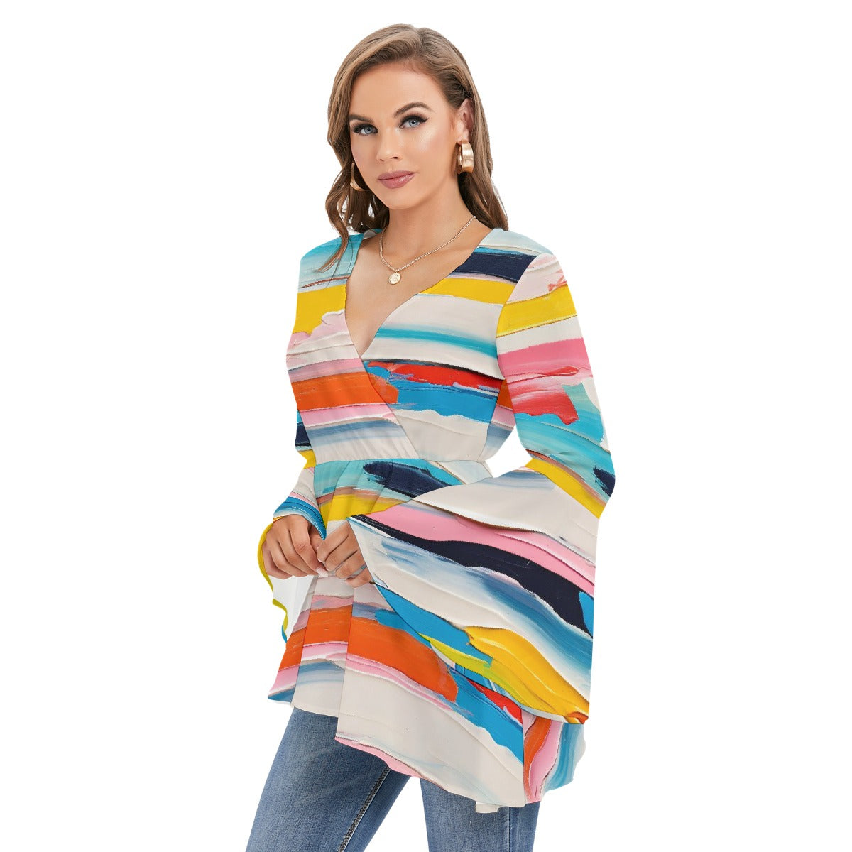 All-Over Print Women's V-neck Blouse With Flared Sleeves
