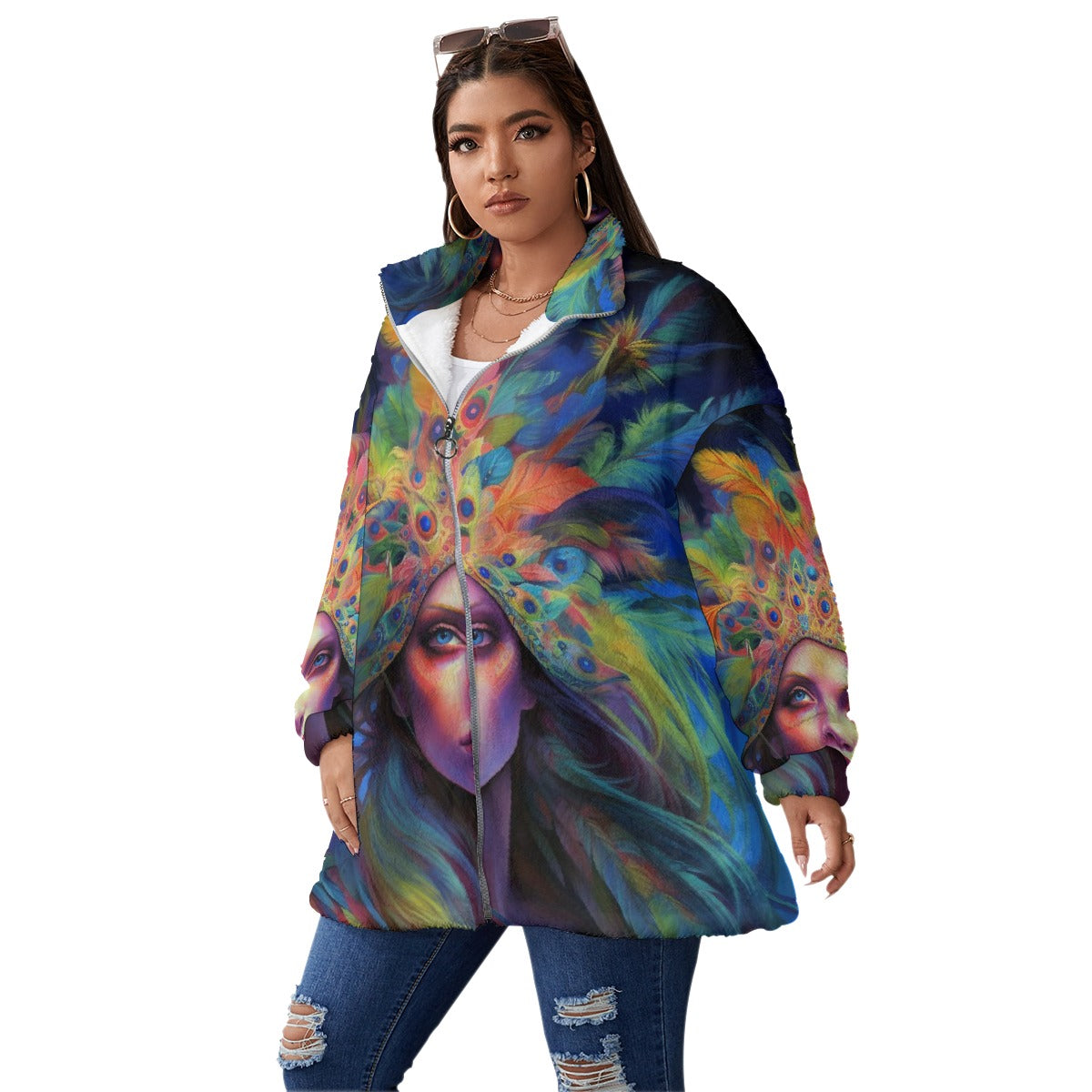All-Over Print Unisex Borg Fleece Stand-up Collar Coat With Zipper Closure(Plus Size)
