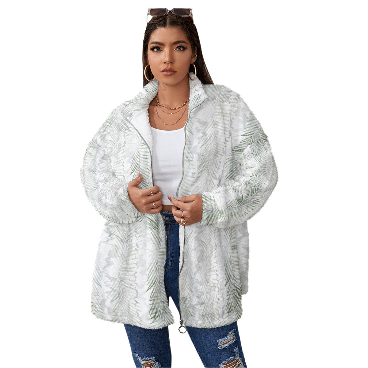 All-Over Print Unisex Borg Fleece Stand-up Collar Coat With Zipper Closure(Plus Size)