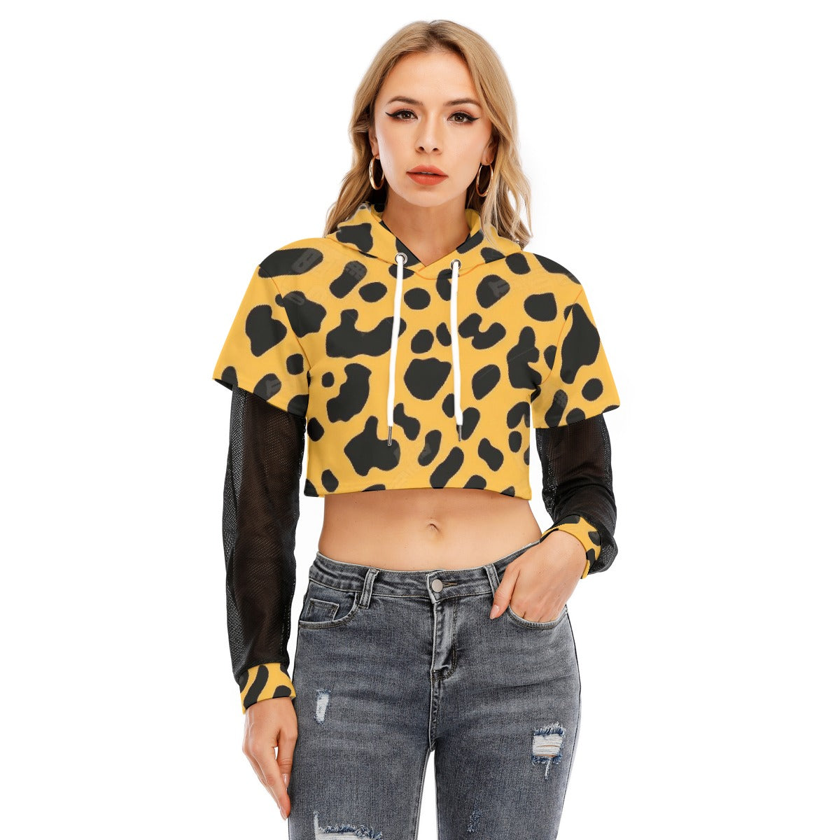 All-Over Print Women's Fake Two-piece Mesh Sleeve Cropped Hoodie