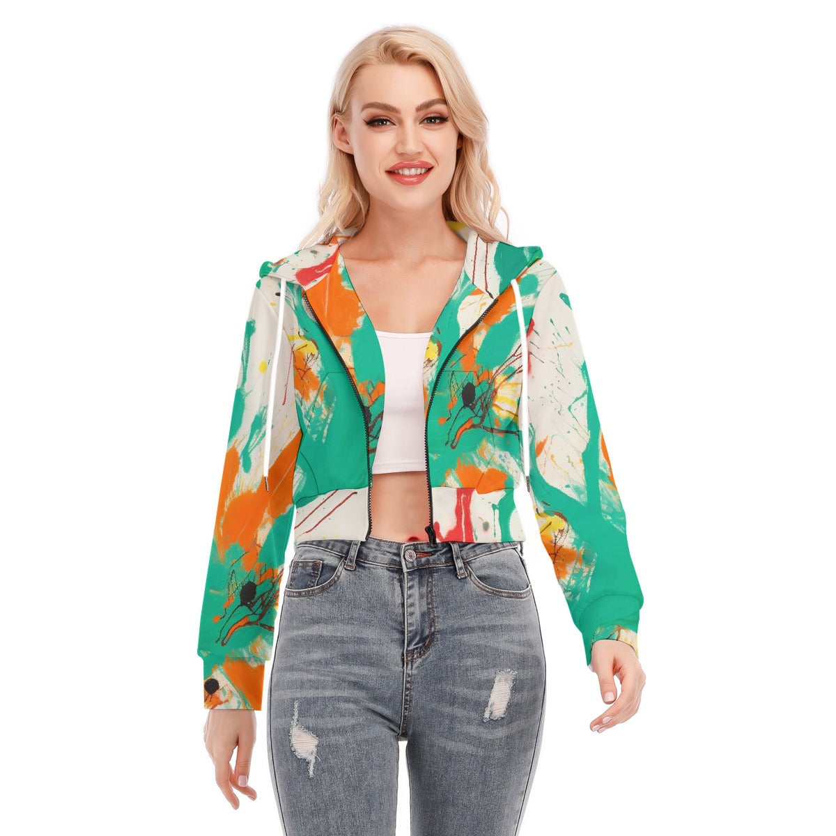 All-Over Print Women's Crop Top Hoodie With Zipper Closure