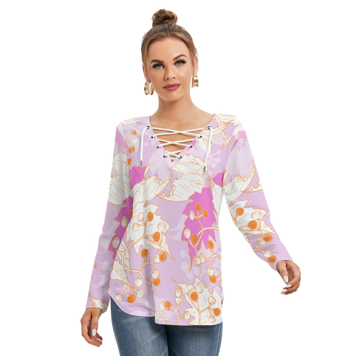 All-Over Print Women's Long Sleeve Neckline Tie Sweatshirt