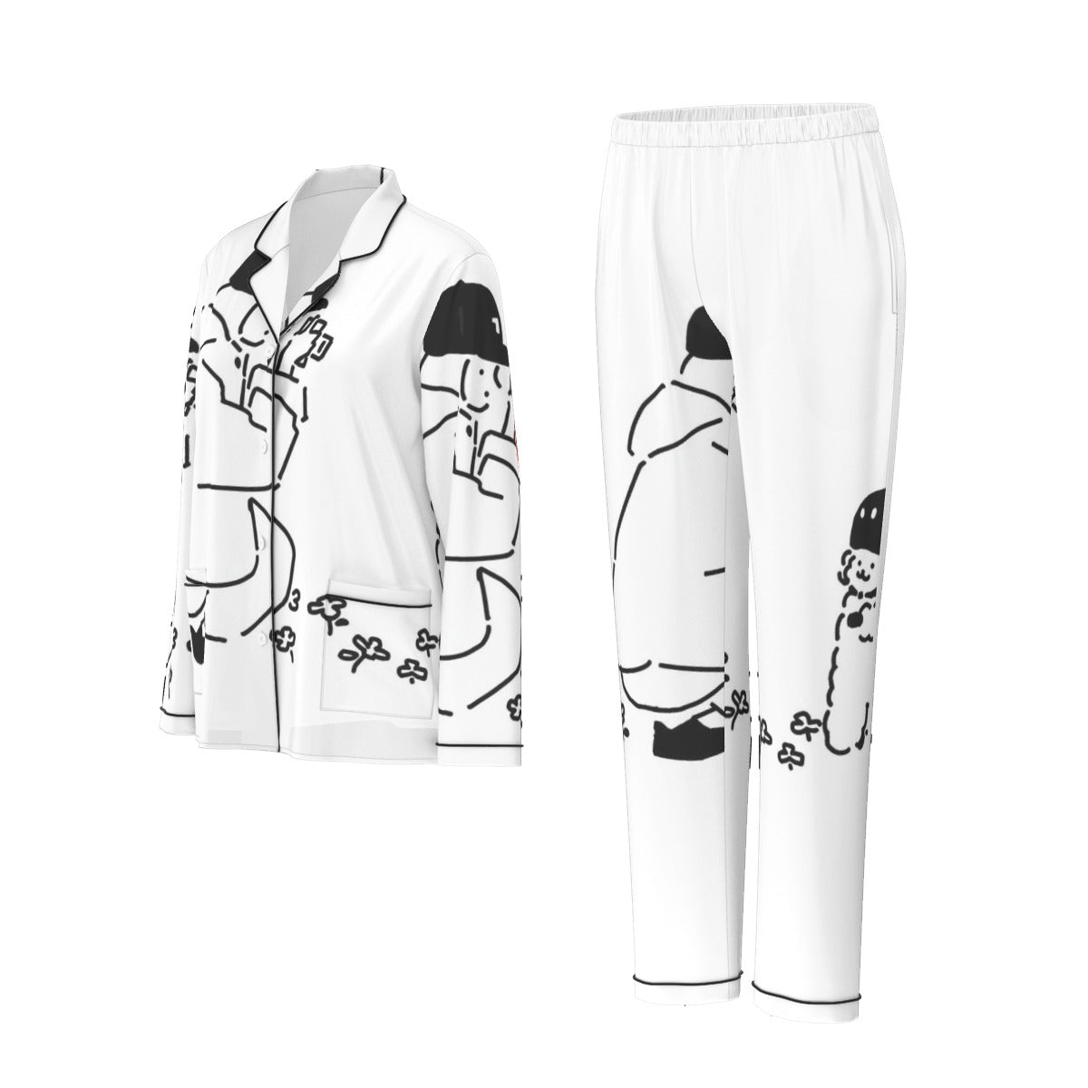 All-Over Print Women's Long Sleeve Pajama Set With Black Contrast Piping