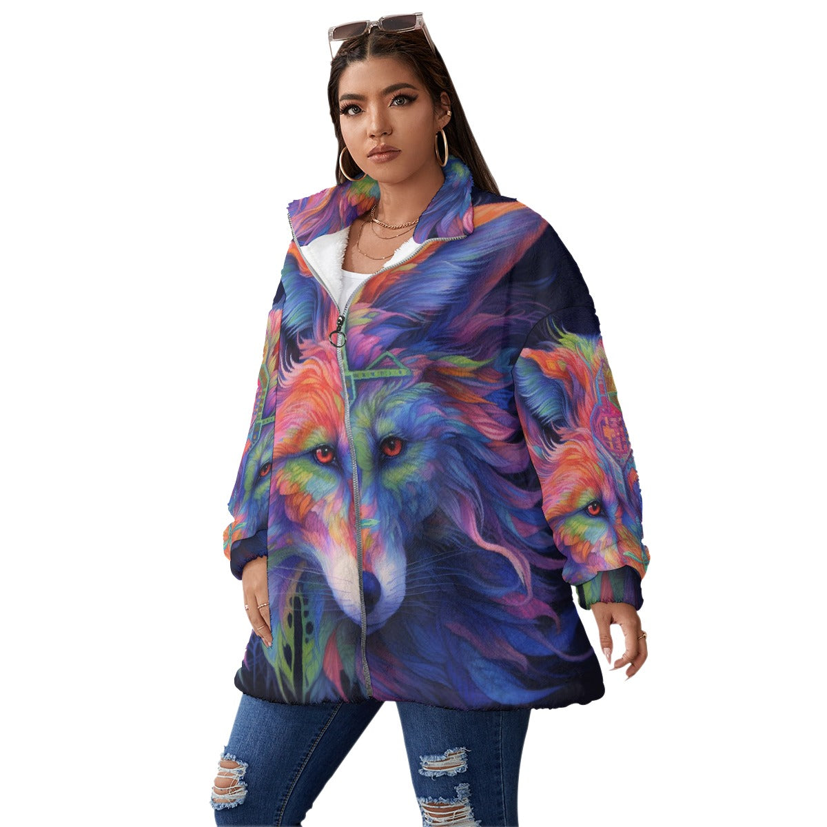 All-Over Print Unisex Borg Fleece Stand-up Collar Coat With Zipper Closure(Plus Size)