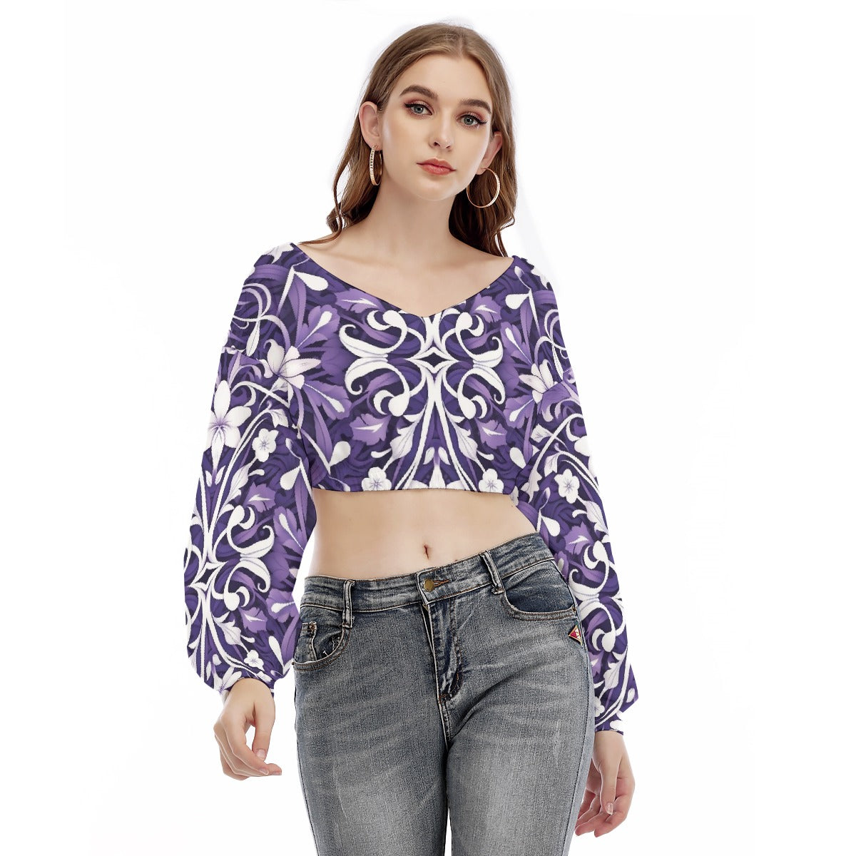 All-Over Print Women's V-neck Long Sleeve Cropped Sweatshirt