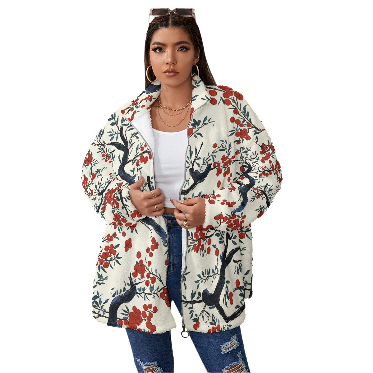 All-Over Print Unisex Borg Fleece Stand-up Collar Coat With Zipper Closure(Plus Size)
