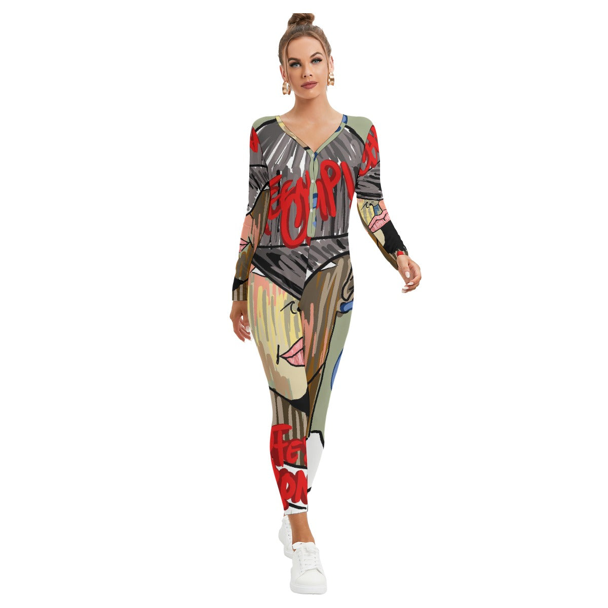 All-Over Print Women's Plunging Neck Jumpsuit