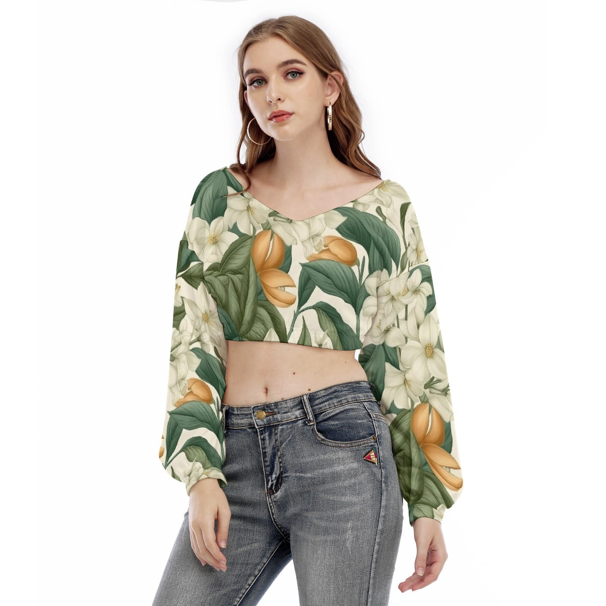 All-Over Print Women's V-neck Long Sleeve Cropped Sweatshirt