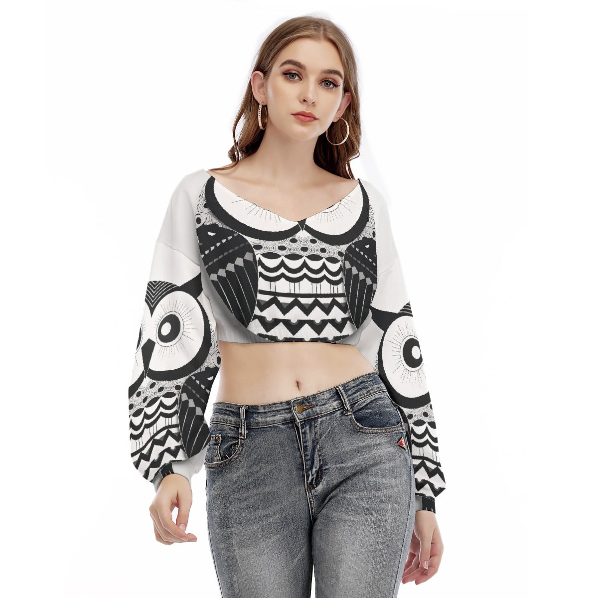 All-Over Print Women's V-neck Long Sleeve Cropped Sweatshirt