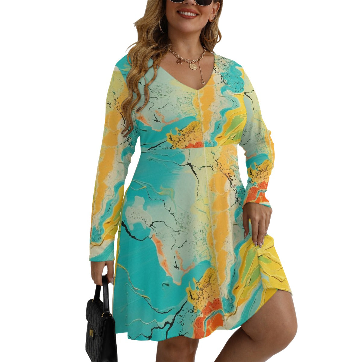 All-Over Print Women's V-neck Long Sleeve Dress(Plus Size)
