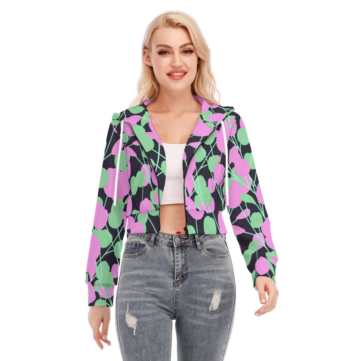 All-Over Print Women's Crop Top Hoodie With Zipper Closure