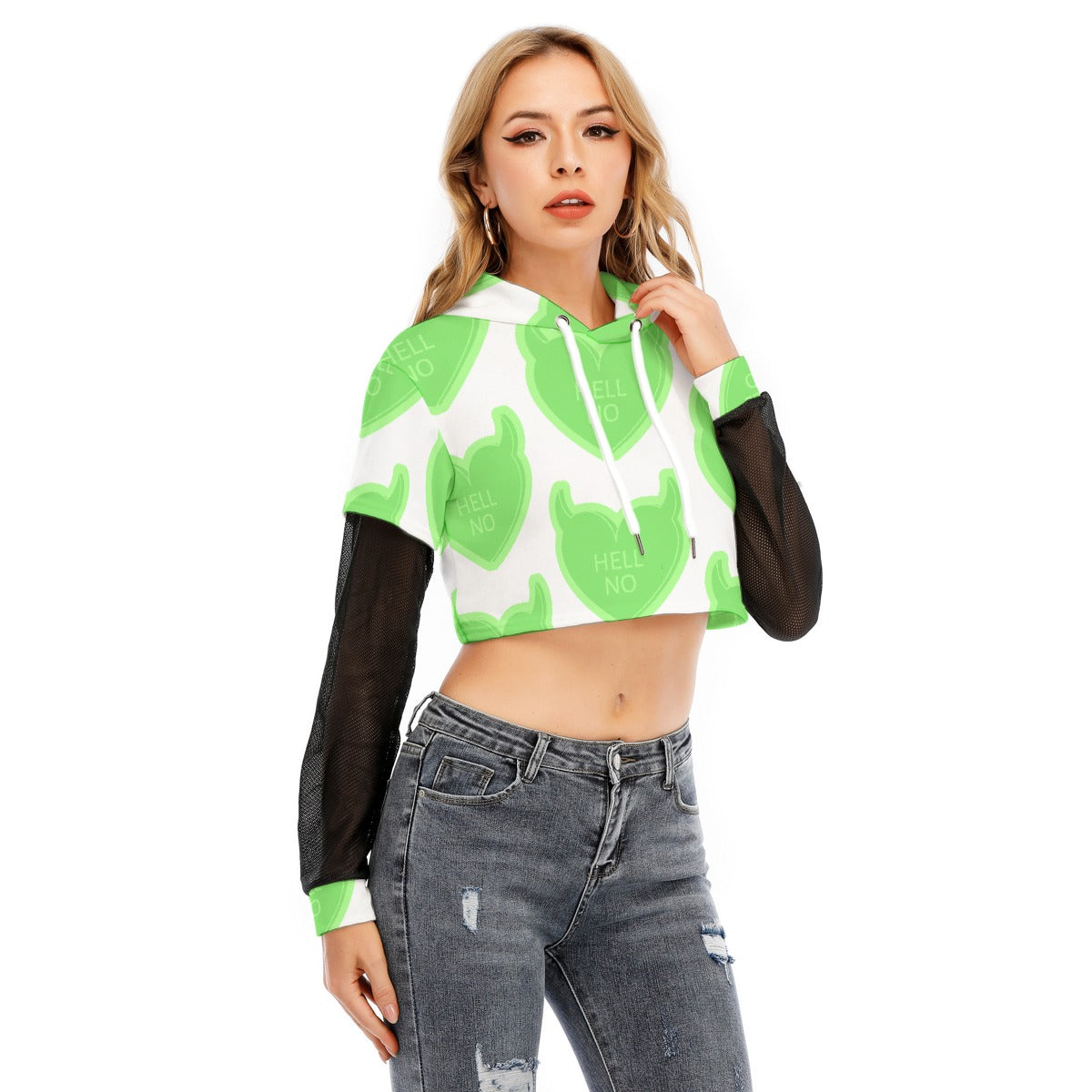 All-Over Print Women's Fake Two-piece Mesh Sleeve Cropped Hoodie