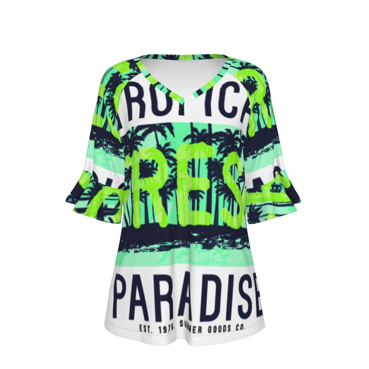 All-Over Print V-neck Women's T-shirt With Bell Sleeve