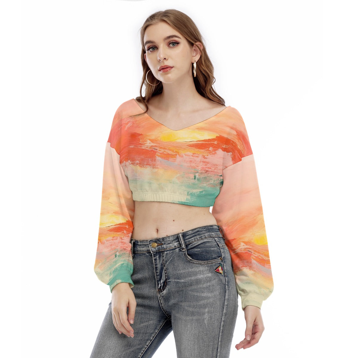 All-Over Print Women's V-neck Long Sleeve Cropped Sweatshirt