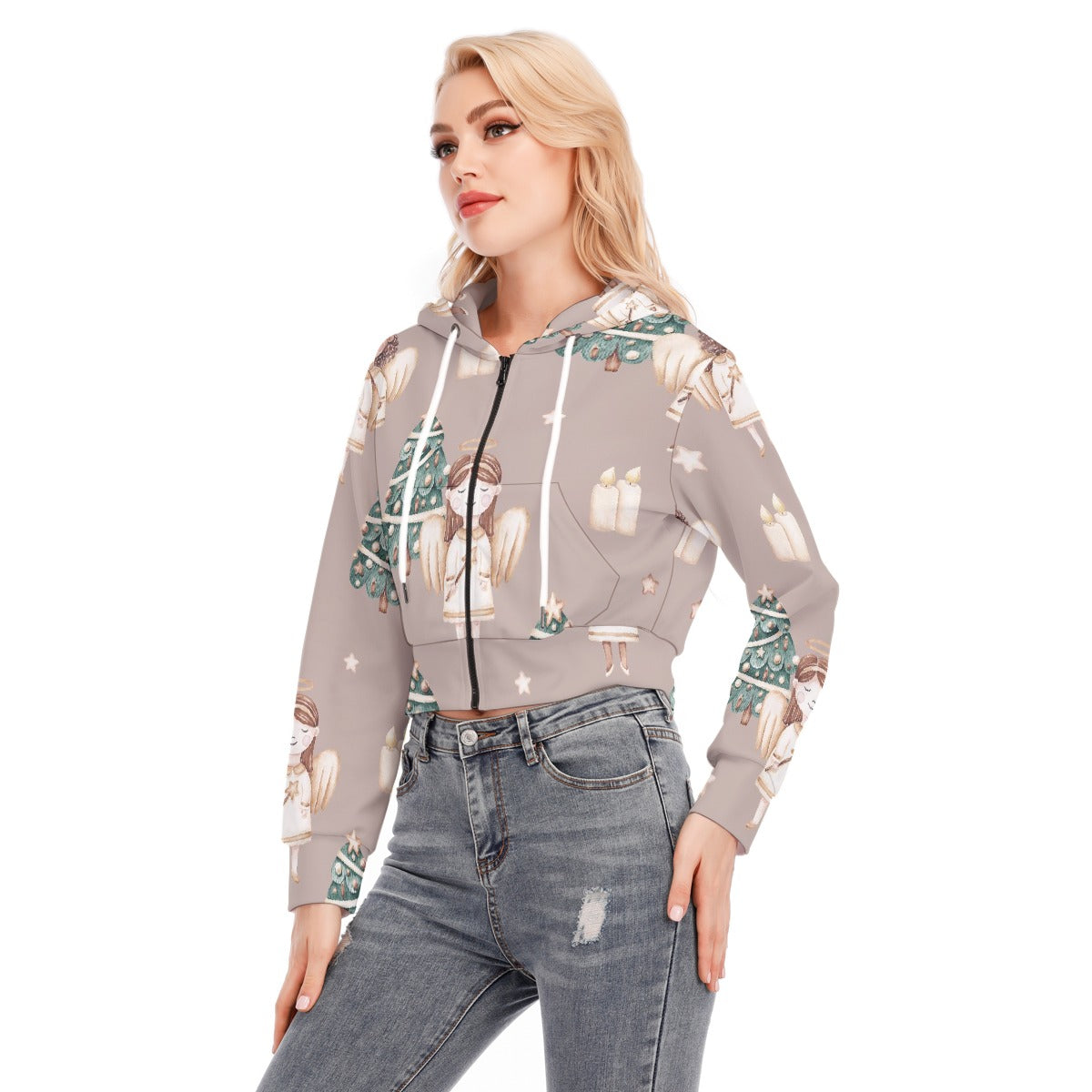 All-Over Print Women's Crop Top Hoodie With Zipper Closure