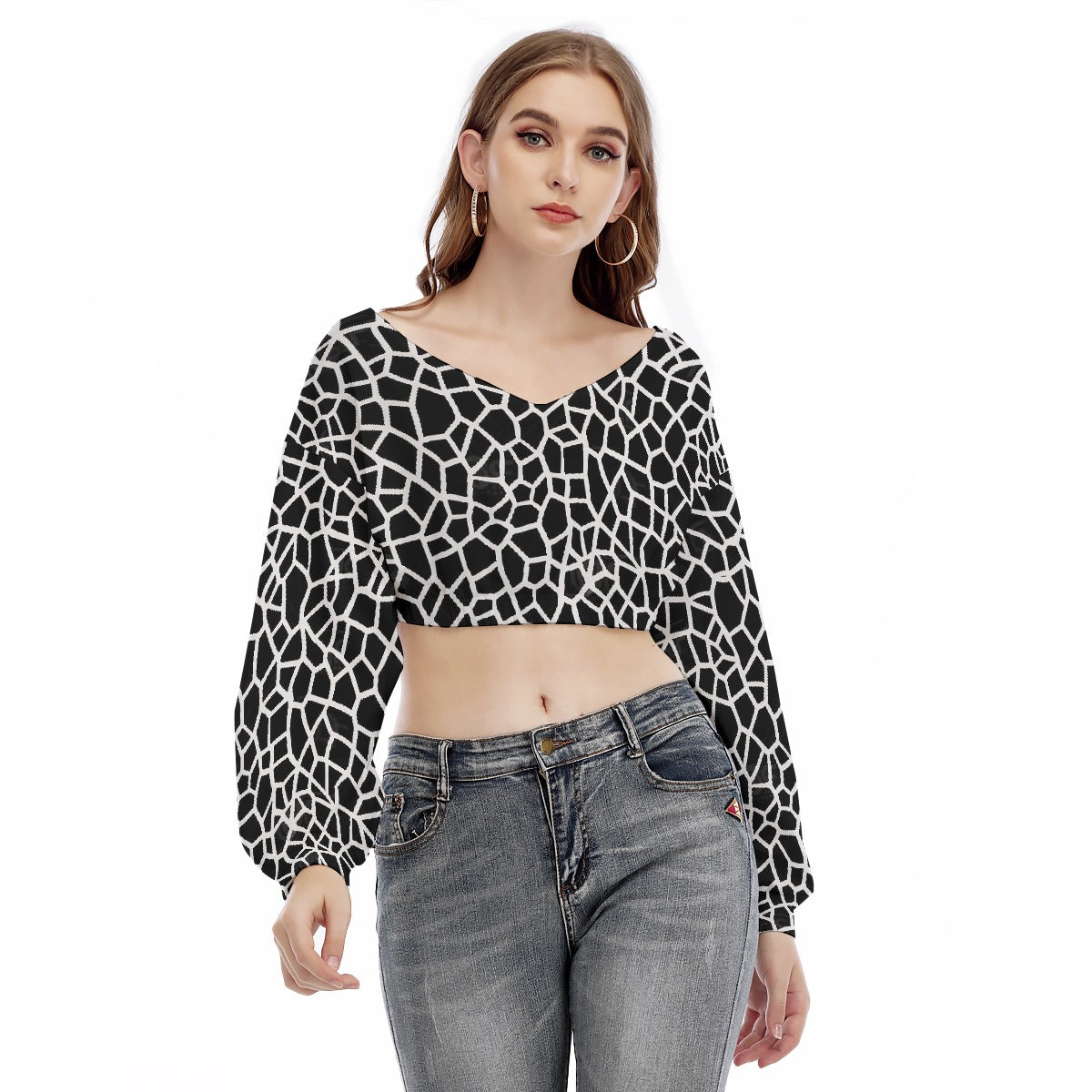 All-Over Print Women's V-neck Long Sleeve Cropped Sweatshirt