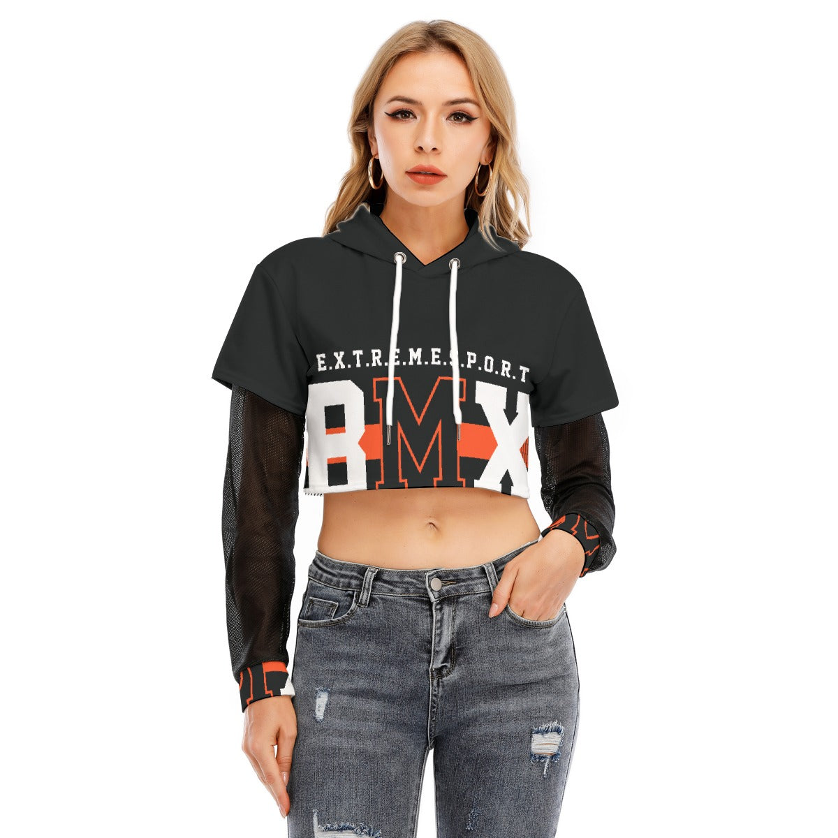 All-Over Print Women's Fake Two-piece Mesh Sleeve Cropped Hoodie