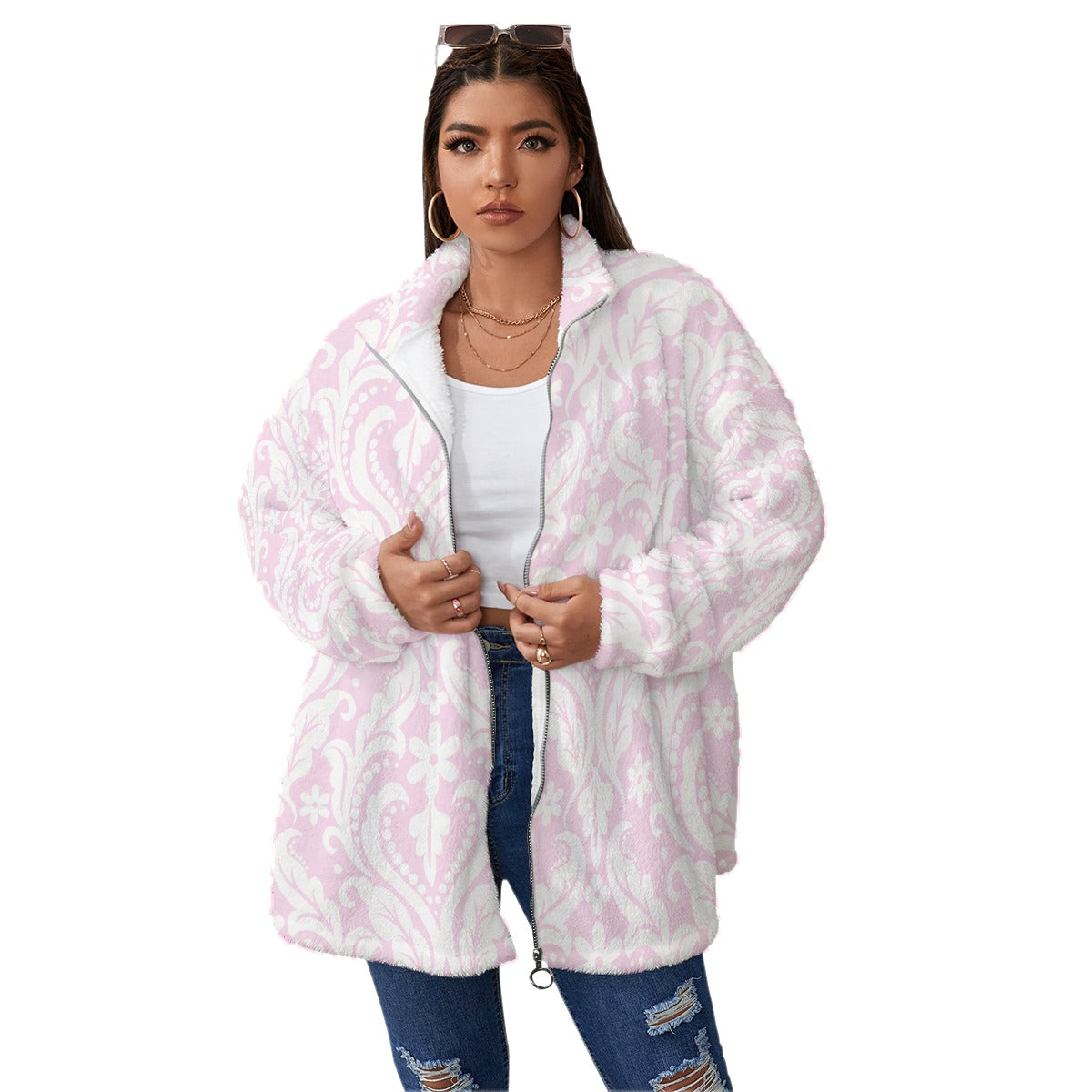 All-Over Print Unisex Borg Fleece Stand-up Collar Coat With Zipper Closure(Plus Size)