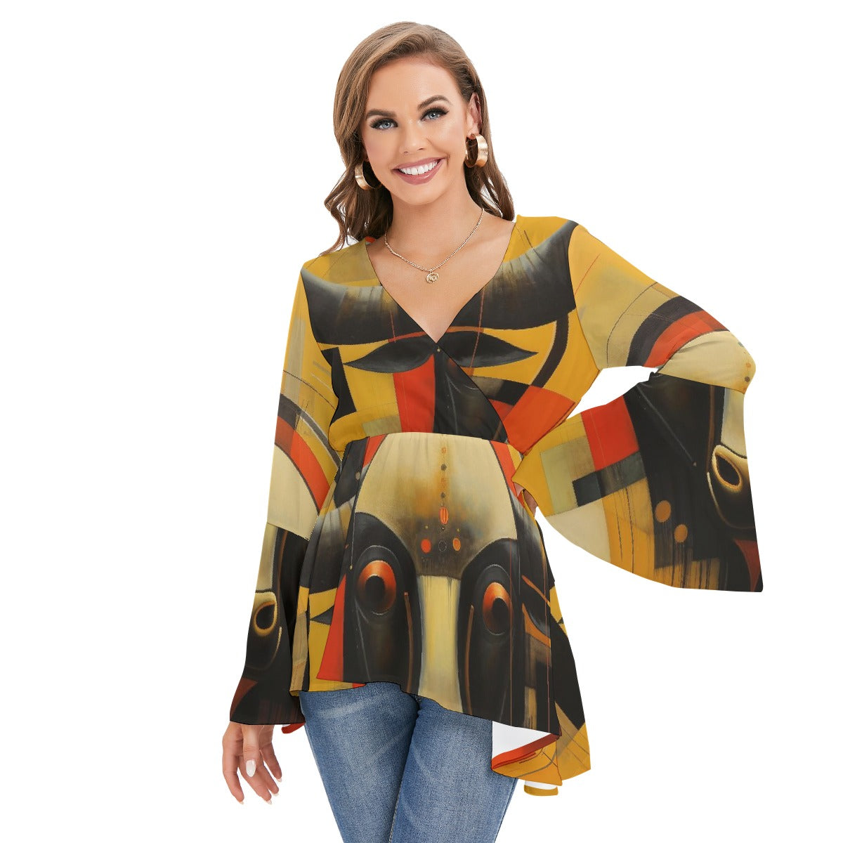 All-Over Print Women's V-neck Blouse With Flared Sleeves