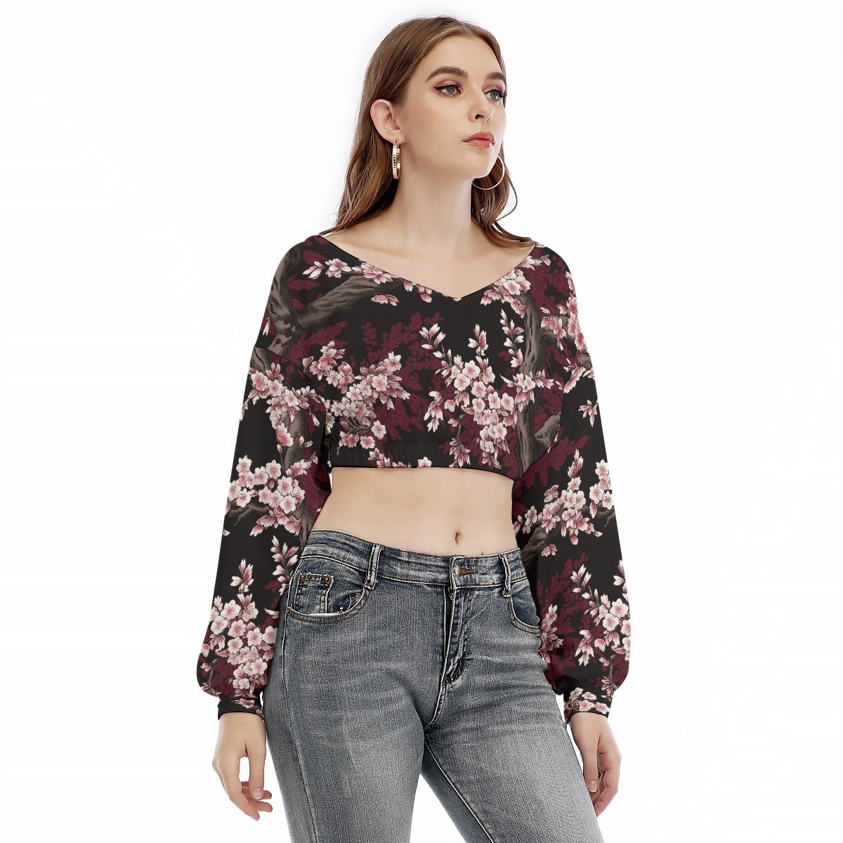 All-Over Print Women's V-neck Long Sleeve Cropped Sweatshirt