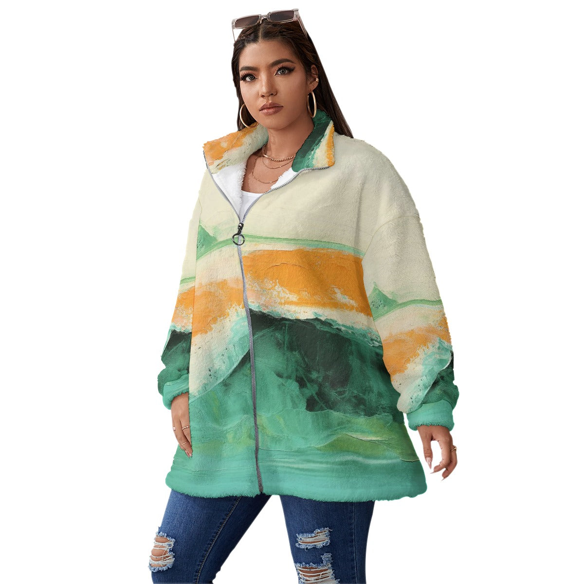 All-Over Print Unisex Borg Fleece Stand-up Collar Coat With Zipper Closure(Plus Size)