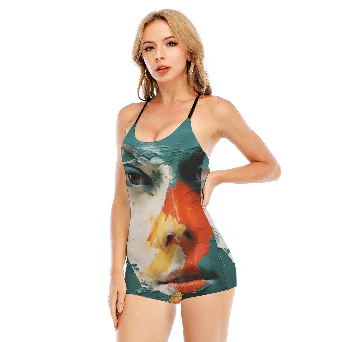 All-Over Print Women's Backless Romper With Black Straps