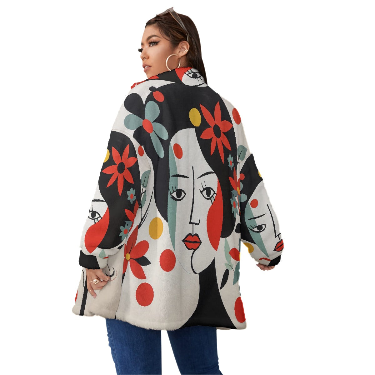 All-Over Print Unisex Borg Fleece Stand-up Collar Coat With Zipper Closure(Plus Size)
