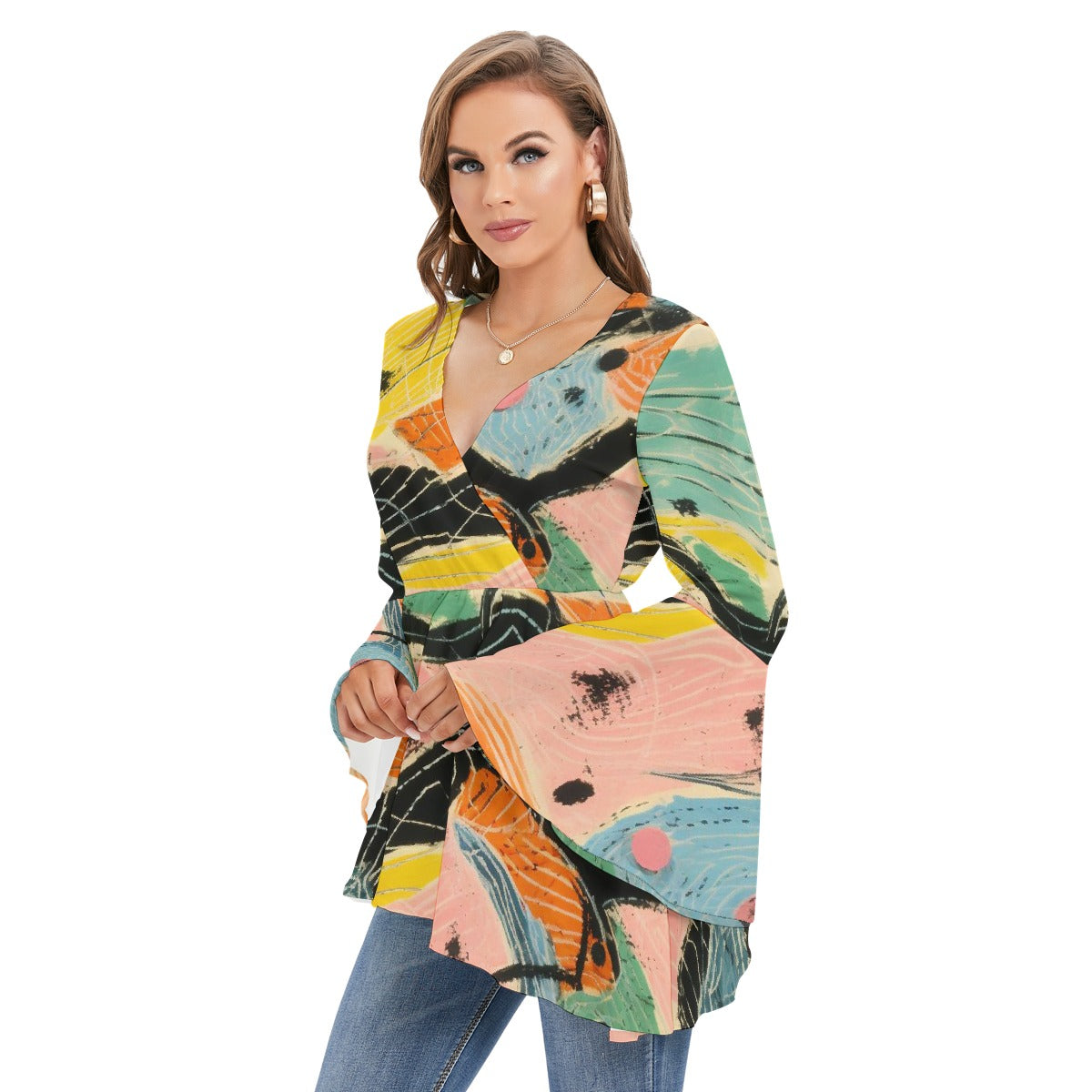 All-Over Print Women's V-neck Blouse With Flared Sleeves