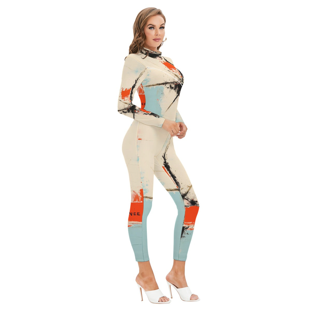 All-Over Print Women's Long-sleeved High-neck Jumpsuit With Zipper