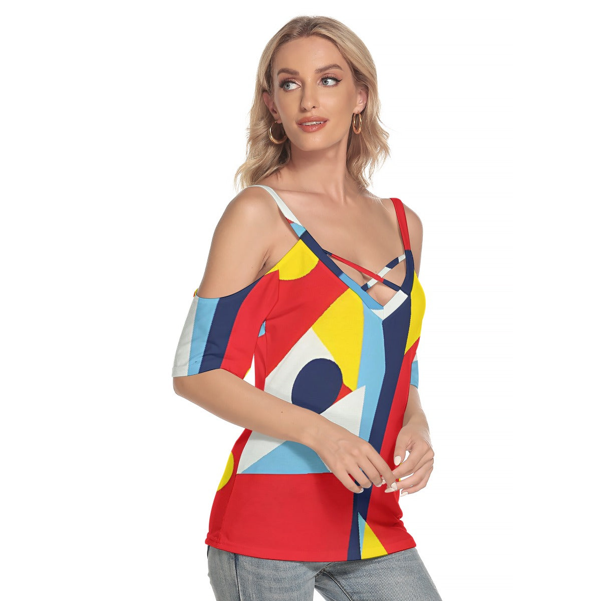 All-Over Print Women's Cold Shoulder T-shirt With Criss Cross Strips