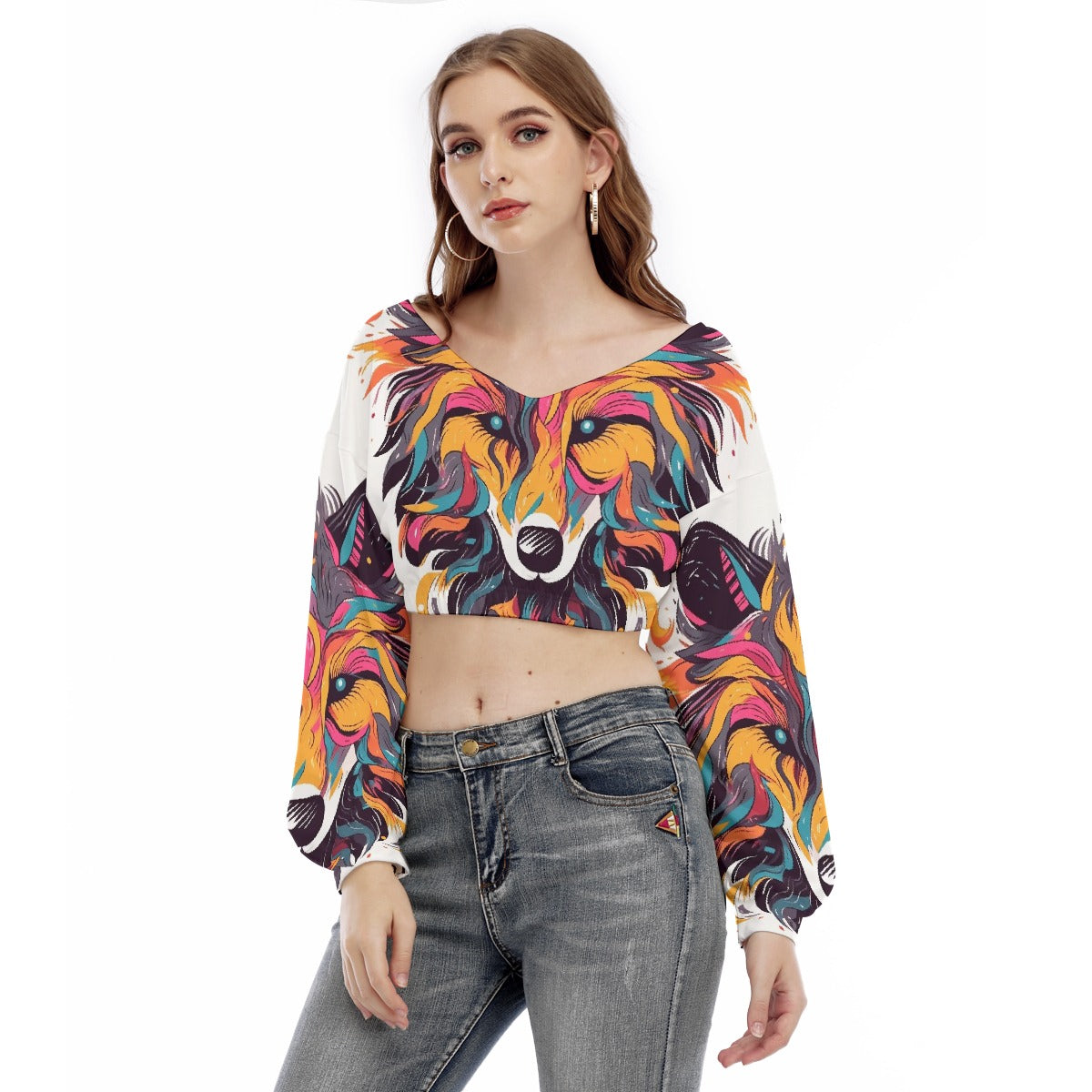 All-Over Print Women's V-neck Long Sleeve Cropped Sweatshirt
