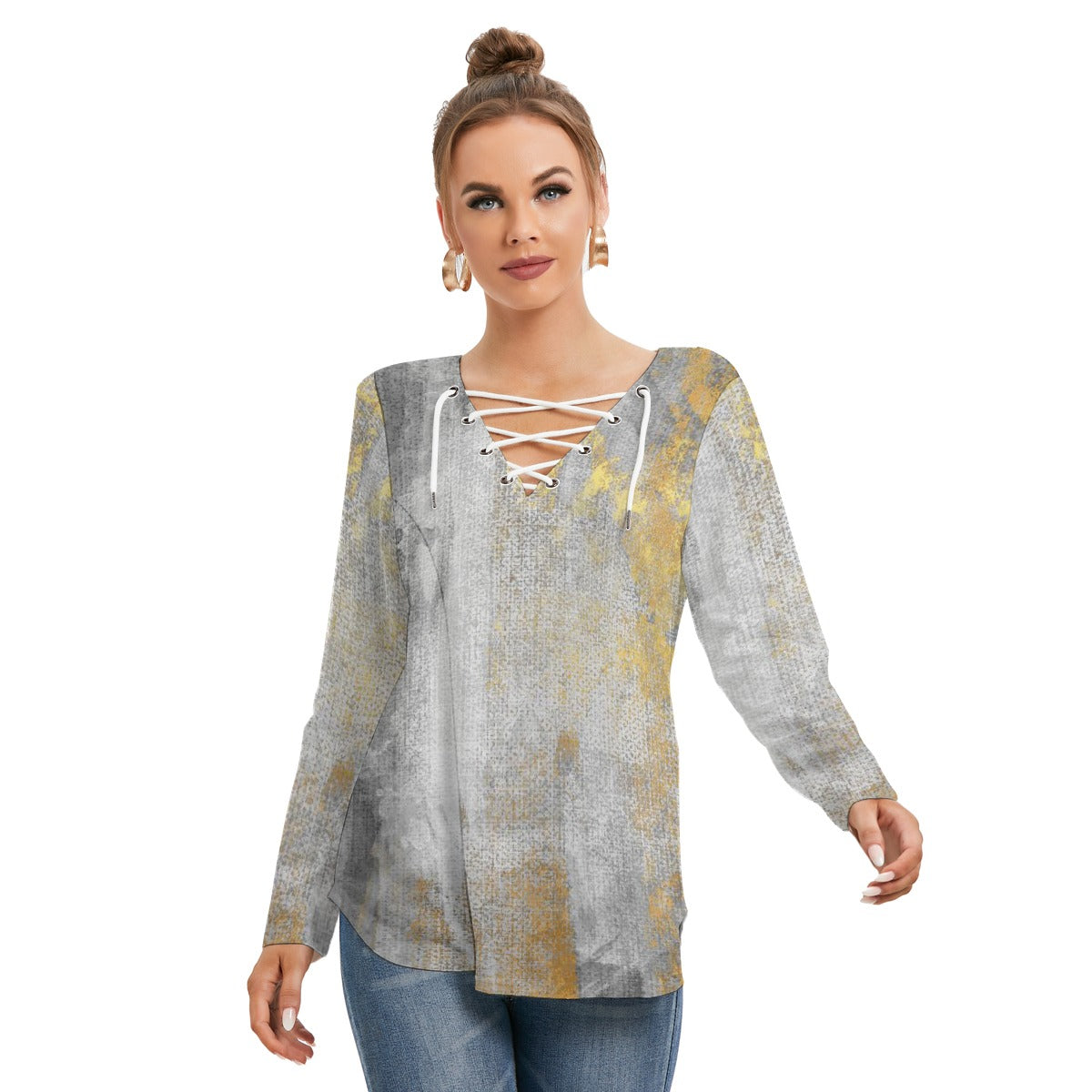 All-Over Print Women's Long Sleeve Neckline Tie Sweatshirt