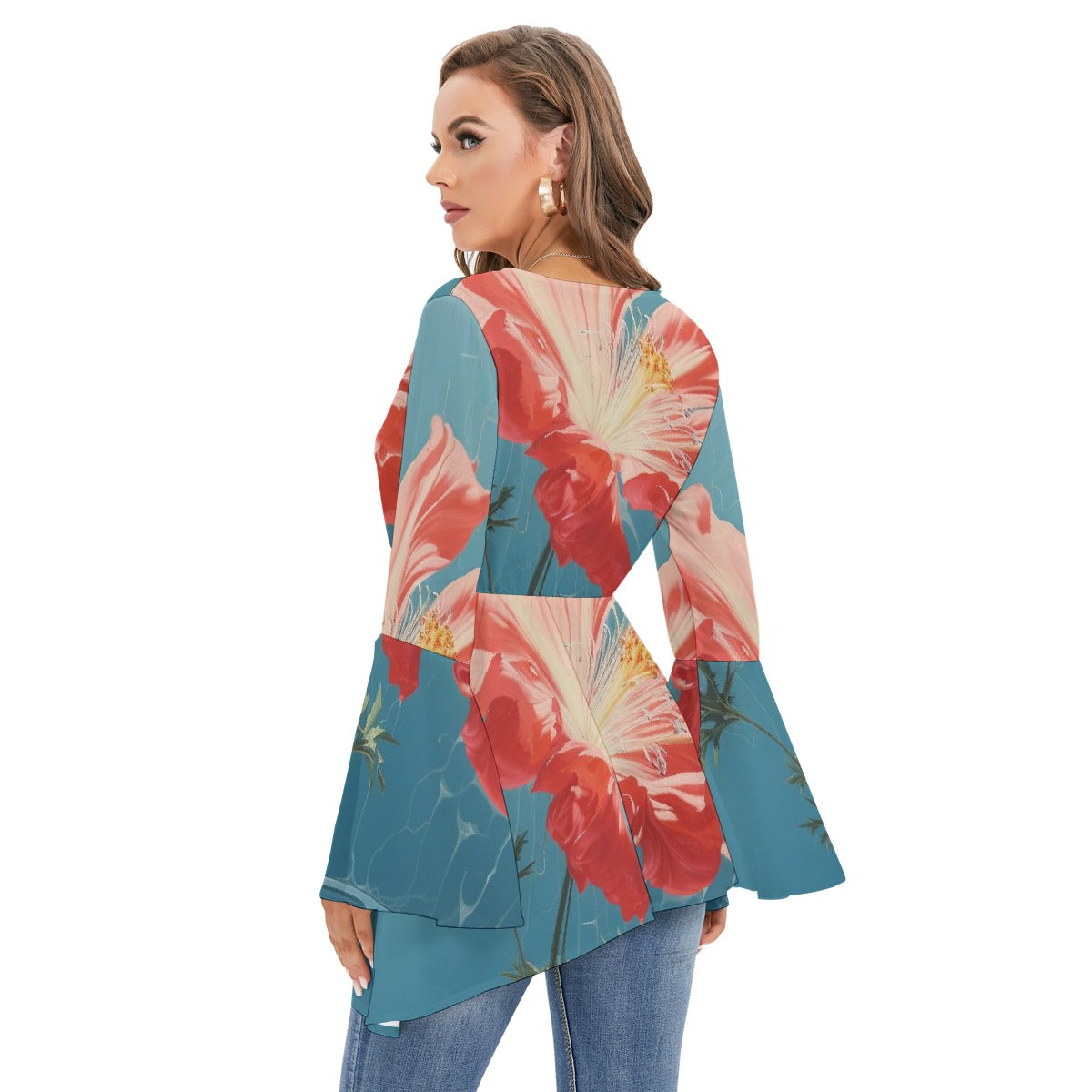 All-Over Print Women's V-neck Blouse With Flared Sleeves