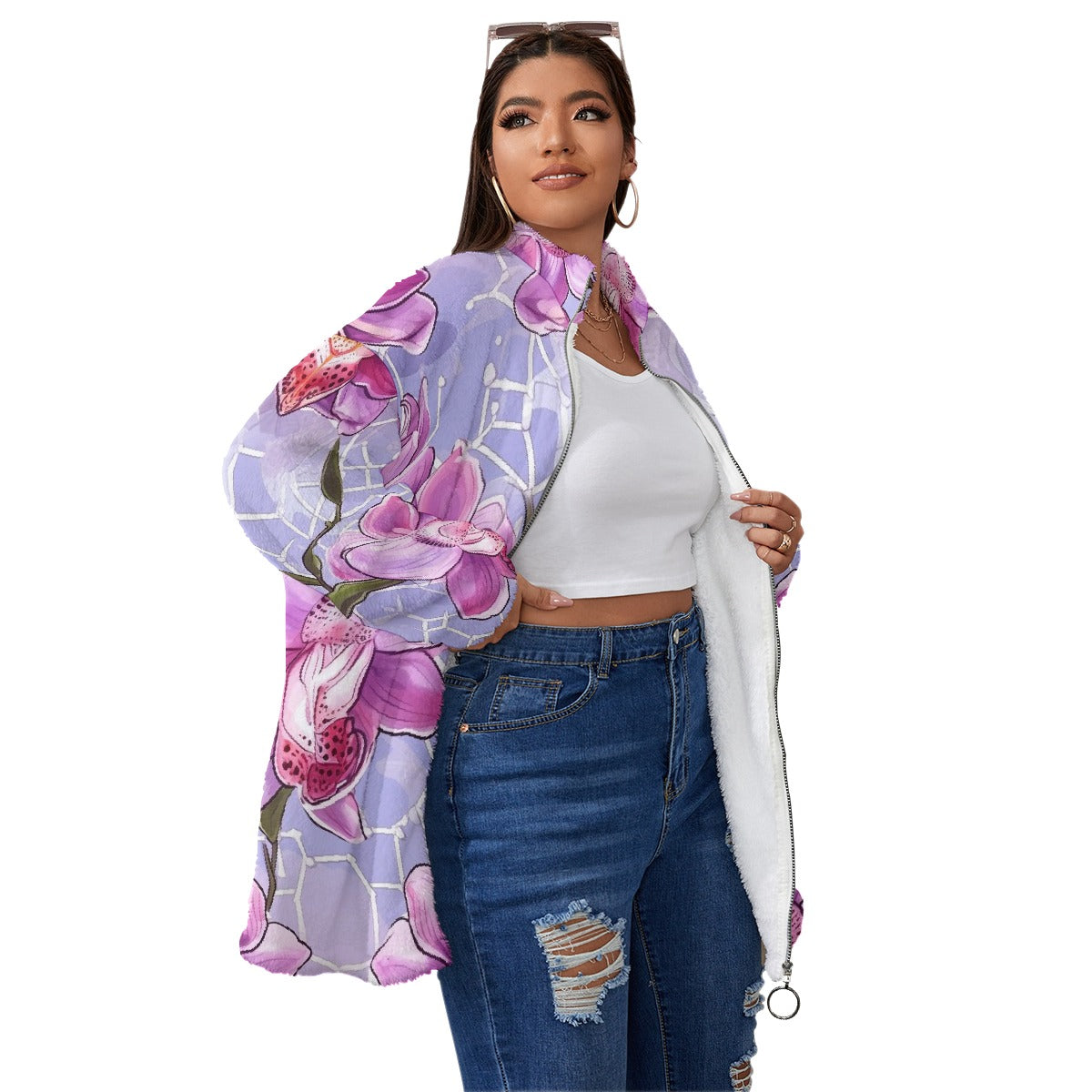 All-Over Print Unisex Borg Fleece Stand-up Collar Coat With Zipper Closure(Plus Size)