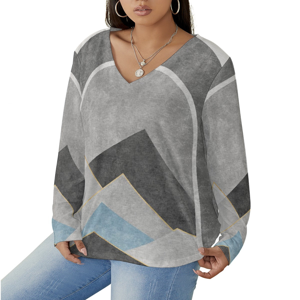 All-Over Print Women's V-neck T-shirt With Curved Hem(Plus Size)