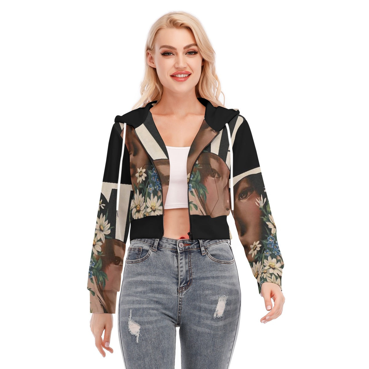 All-Over Print Women's Crop Top Hoodie With Zipper Closure