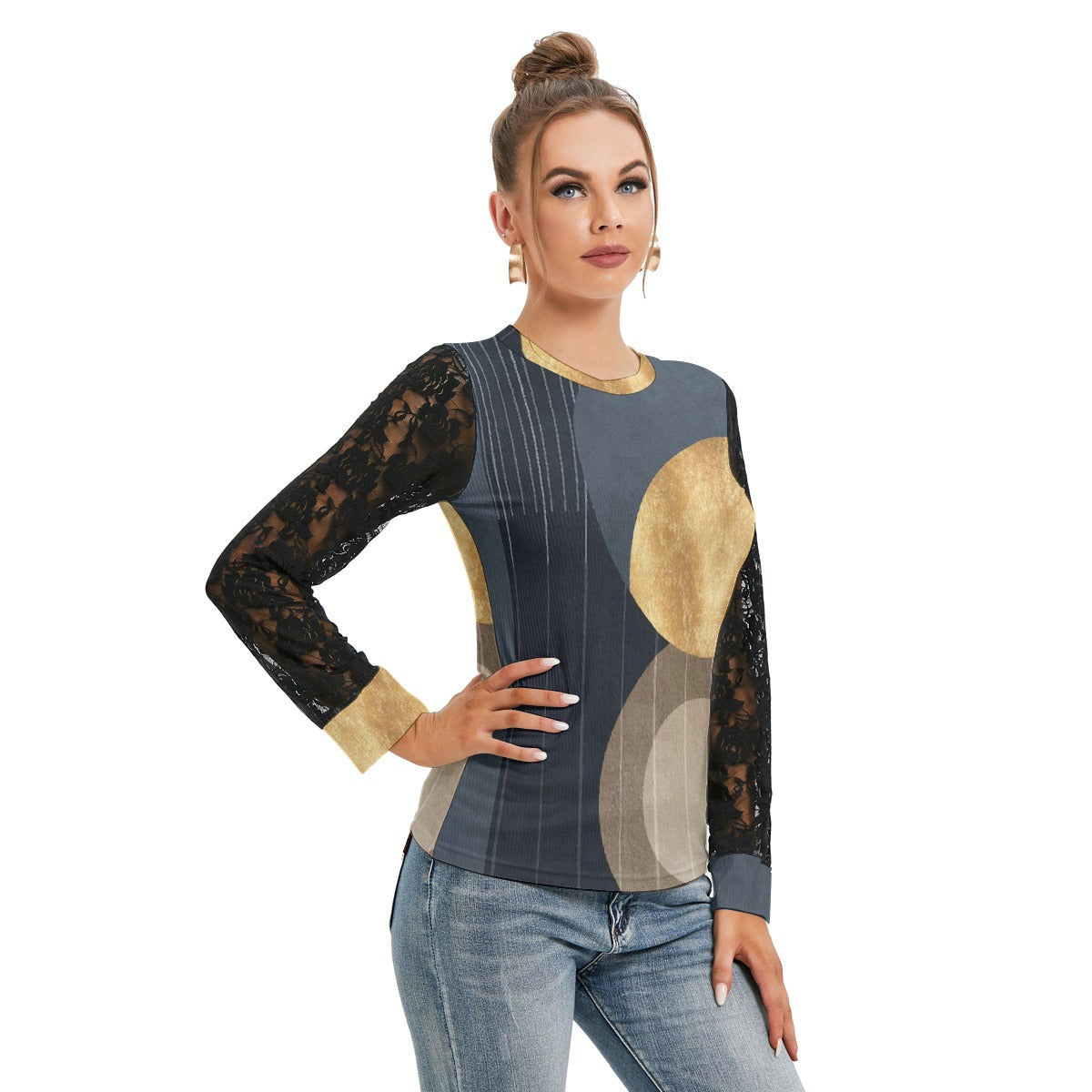 All-Over Print Women's T-shirt And Sleeve With Black Lace