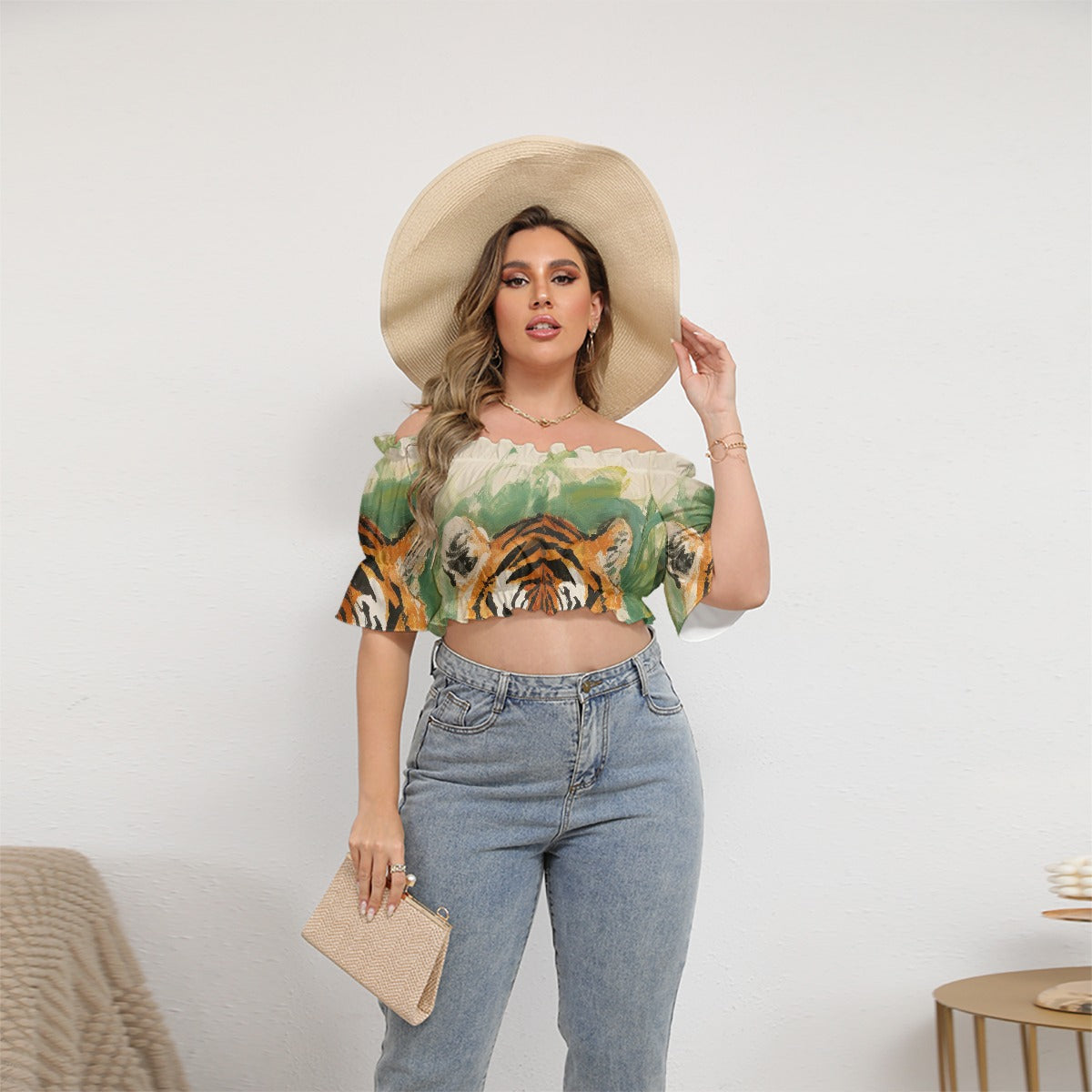 All-Over Print Women's Off-shoulder Cropped Top With Short Puff Sleeve