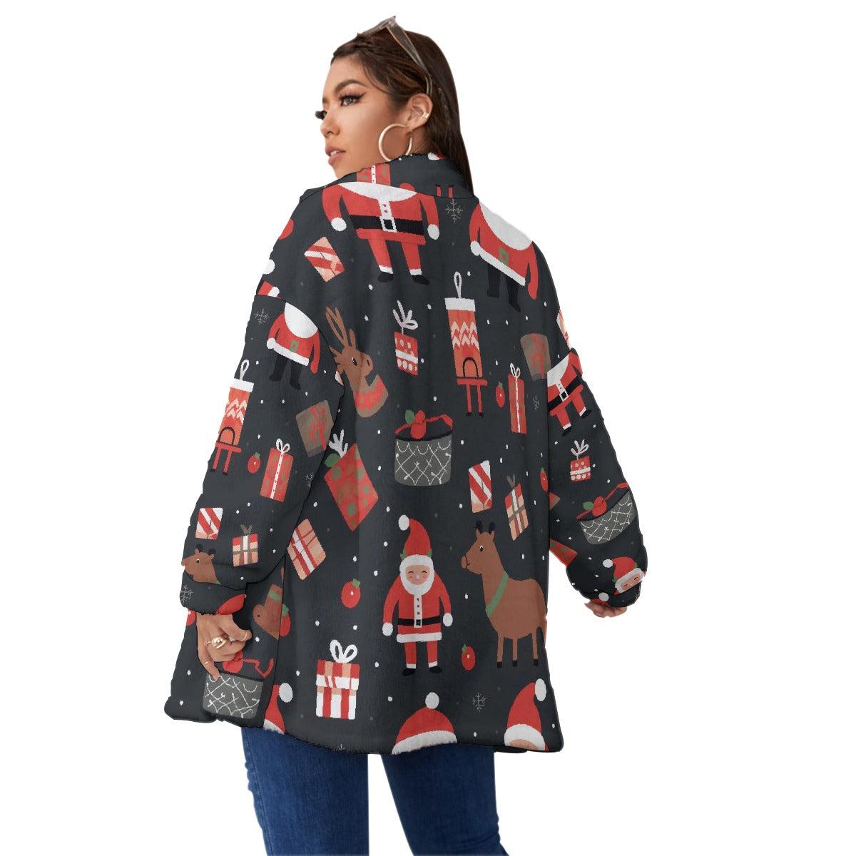All-Over Print Unisex Borg Fleece Stand-up Collar Coat With Zipper Closure(Plus Size)