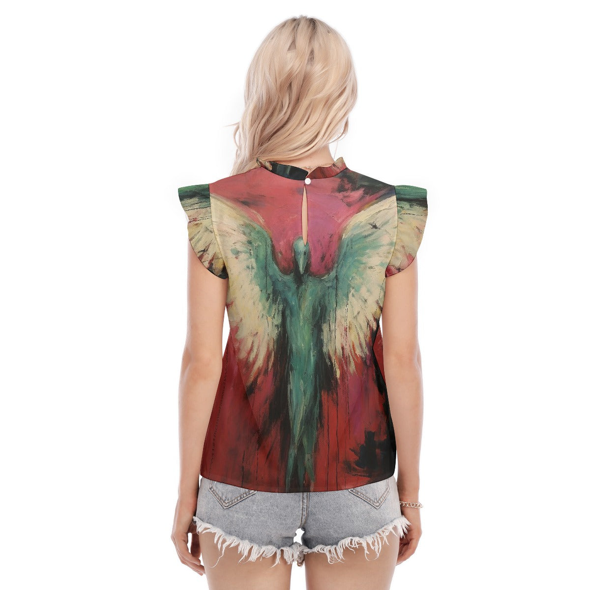 All-Over Print Women's Blouse With Ruffle Collar And Sleeve