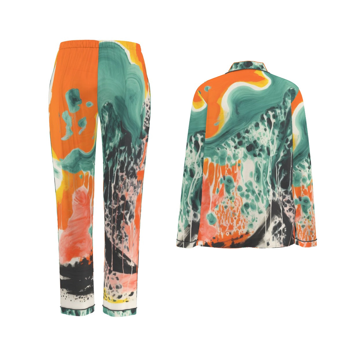 All-Over Print Women's Long Sleeve Pajama Set With Black Contrast Piping