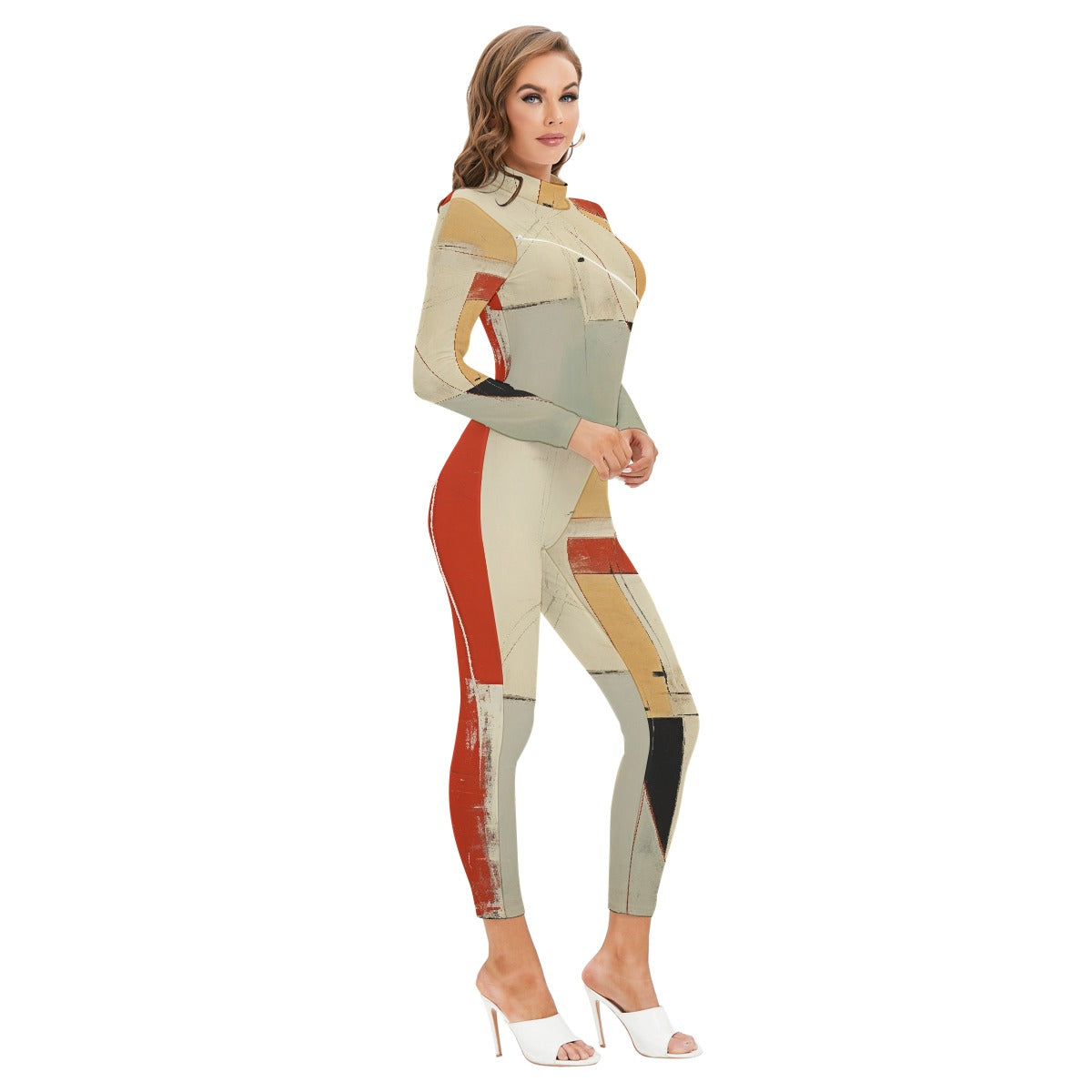 All-Over Print Women's Long-sleeved High-neck Jumpsuit With Zipper